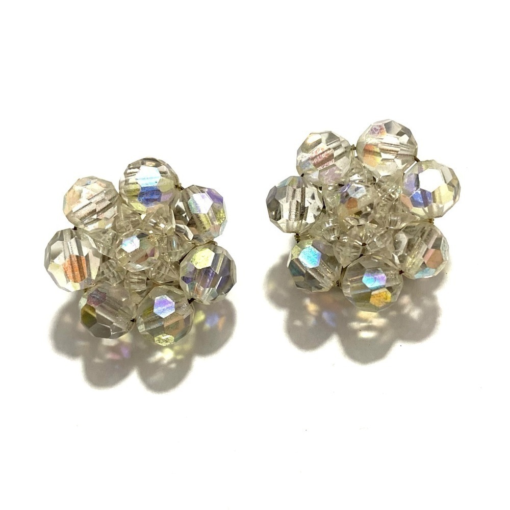 Vintage Aurora Borealis AB Crystal Beaded Cluster Silver Tone Clip On Earrings